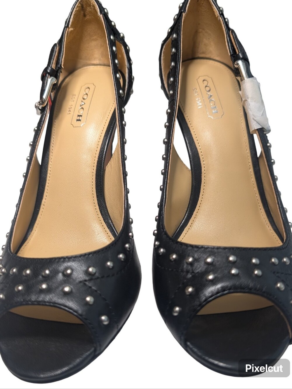 Coach Billie Black Leather Studded Peep-Toe Heels 7 - Picture 10 of 11
